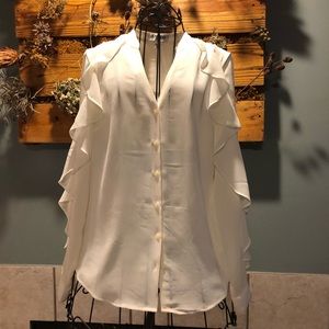 Express Cream Portofino Ruffle Sleeve Career Top